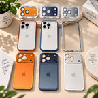 Overhead flat lay of iPhone 17 converter cases in all colours on a marble surface