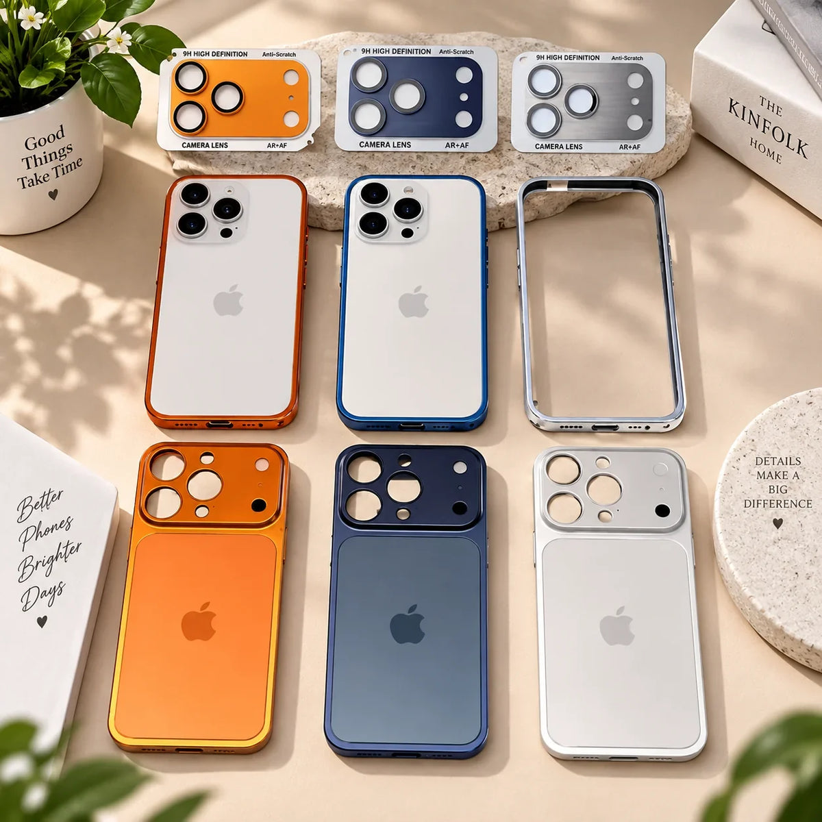 Overhead flat lay of iPhone 17 converter cases in all colours on a marble surface