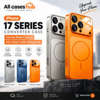 iPhone 17 series converter case in titanium, orange and blue metallic finishes