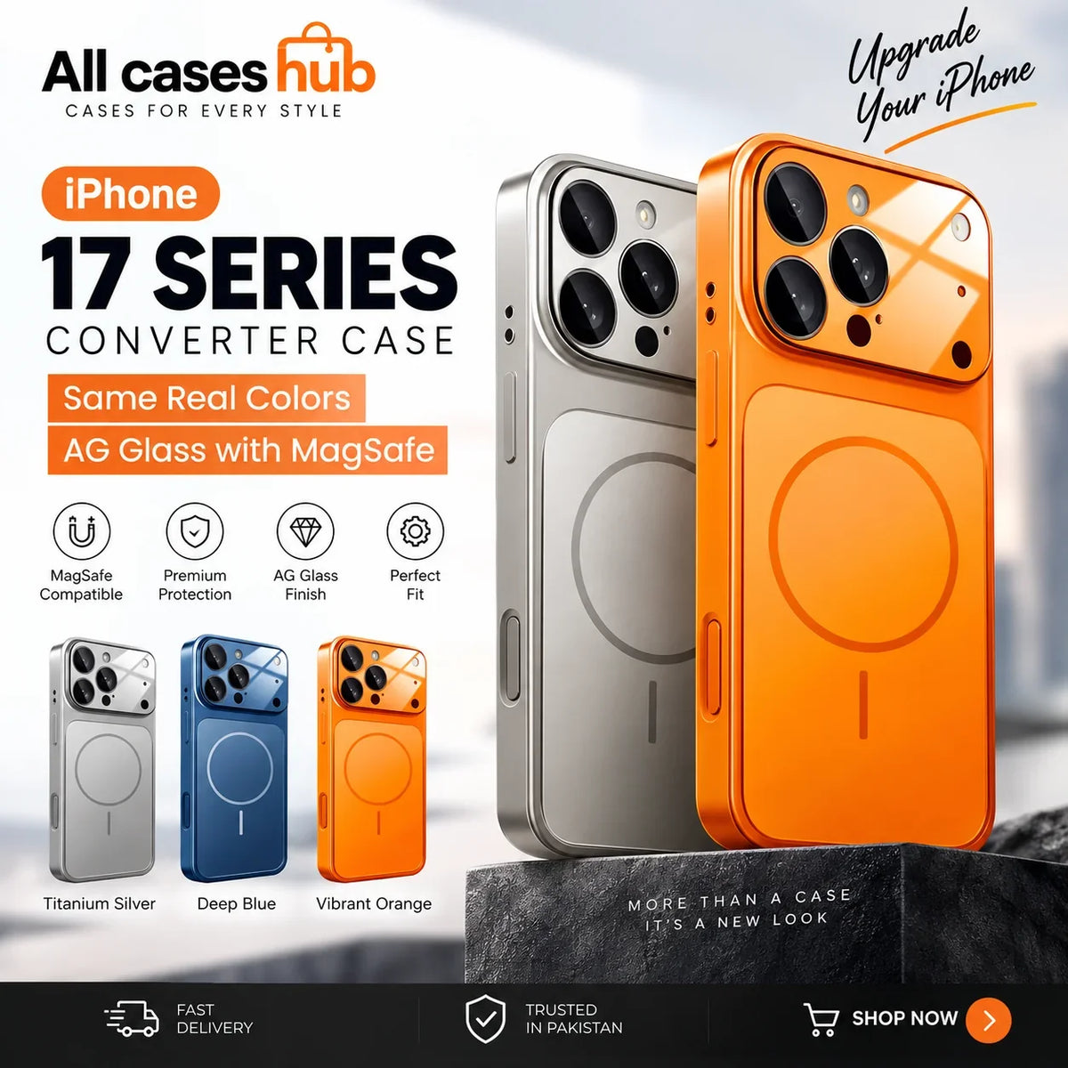iPhone 17 series converter case in titanium, orange and blue metallic finishes